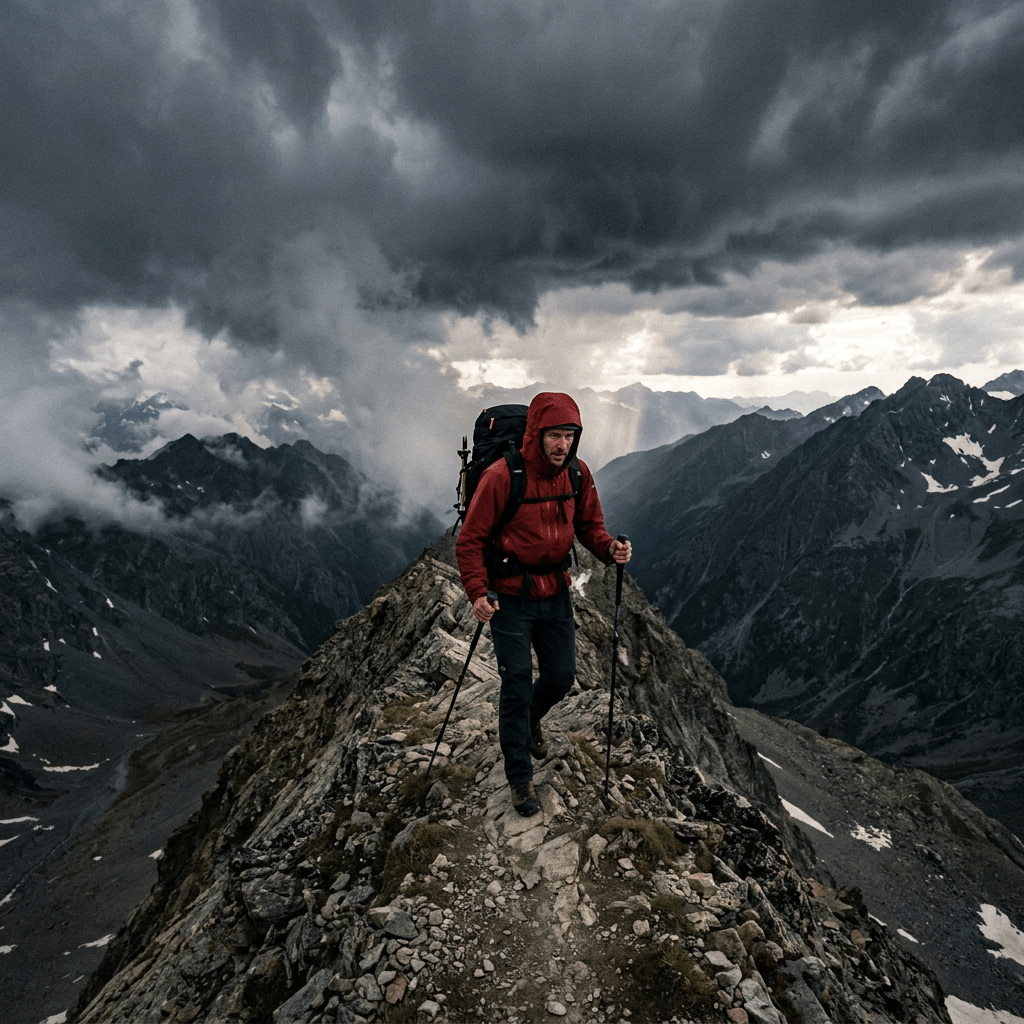 Hiker in red jacket with backpack walking on rocky mountain path